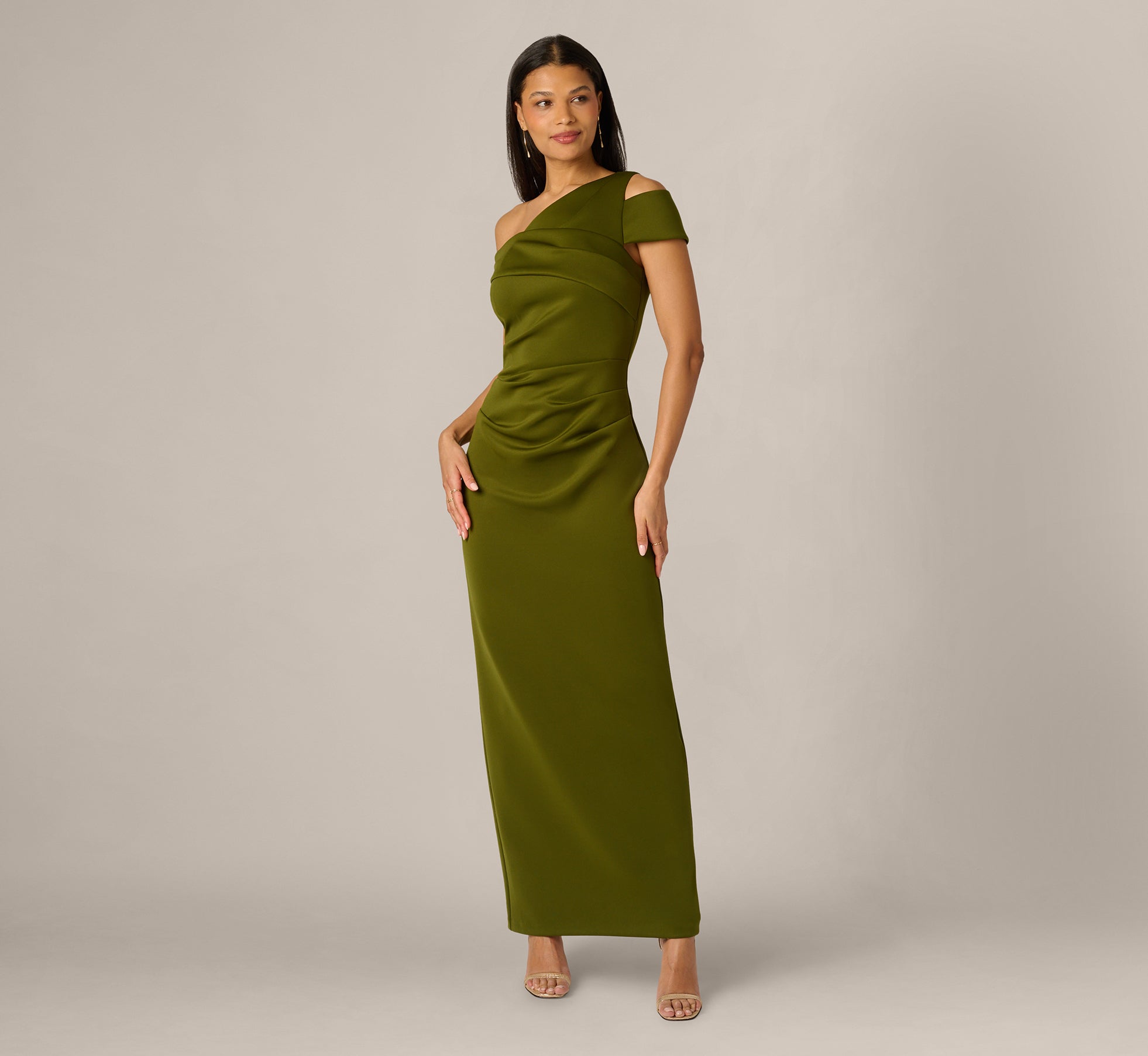 Green Asymmetrical Draped Column Gown - Adrianna Papell