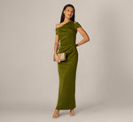Asymmetrical Draped Column Gown In Jungle Olive 1