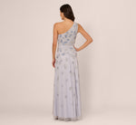 One Shoulder Beaded Mesh Gown In Serenity 6