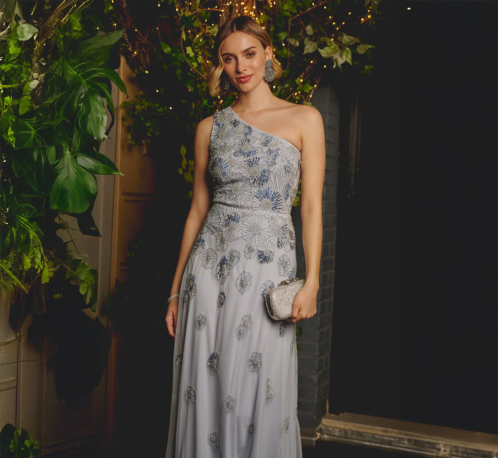 adrianna papell One Shoulder Beaded Mesh Gown In Serenity