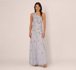 One Shoulder Beaded Mesh Gown In Serenity 7