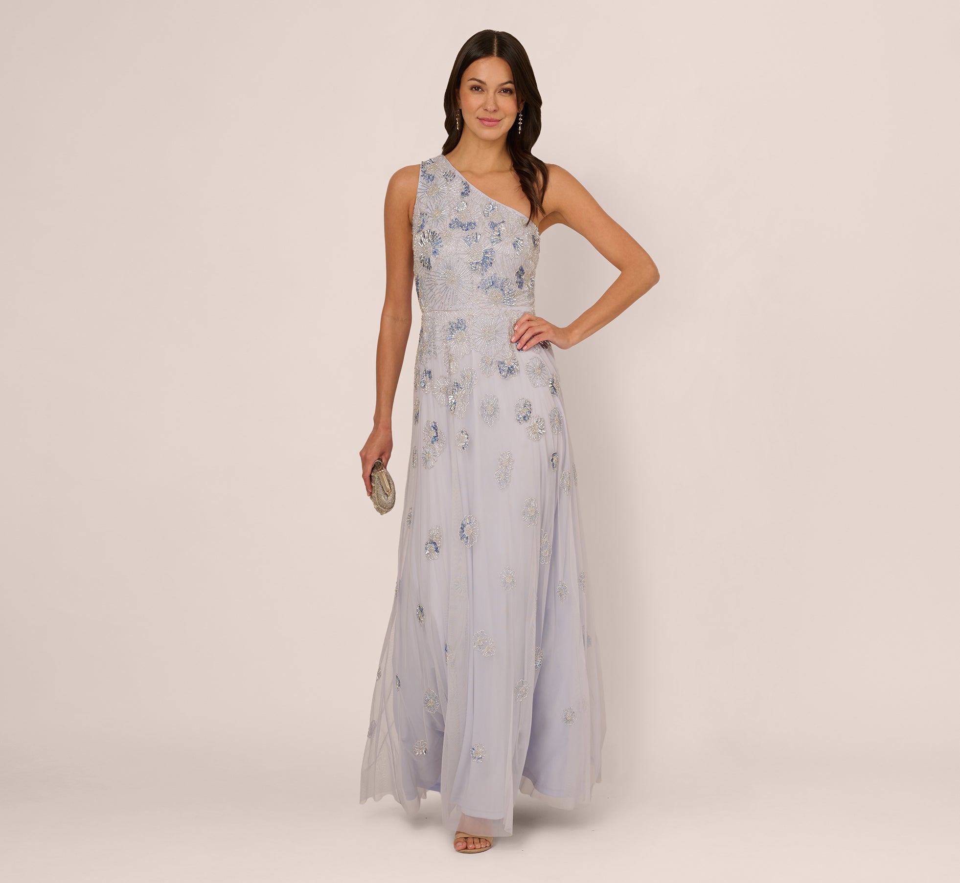 One Shoulder Beaded Mesh Gown In Serenity 1