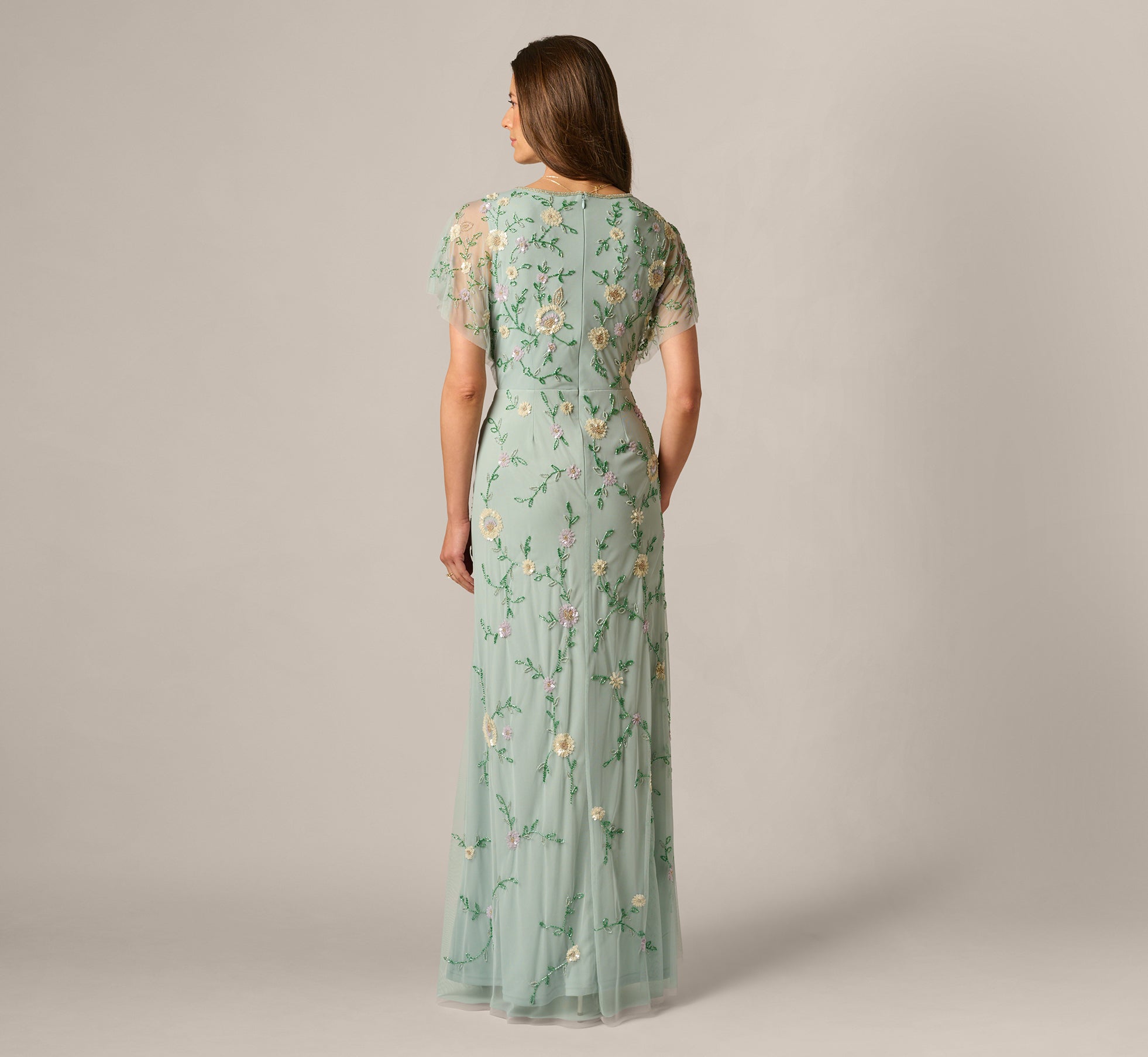 Flutter Sleeve Beaded Wrap Dress In Aqua Dust