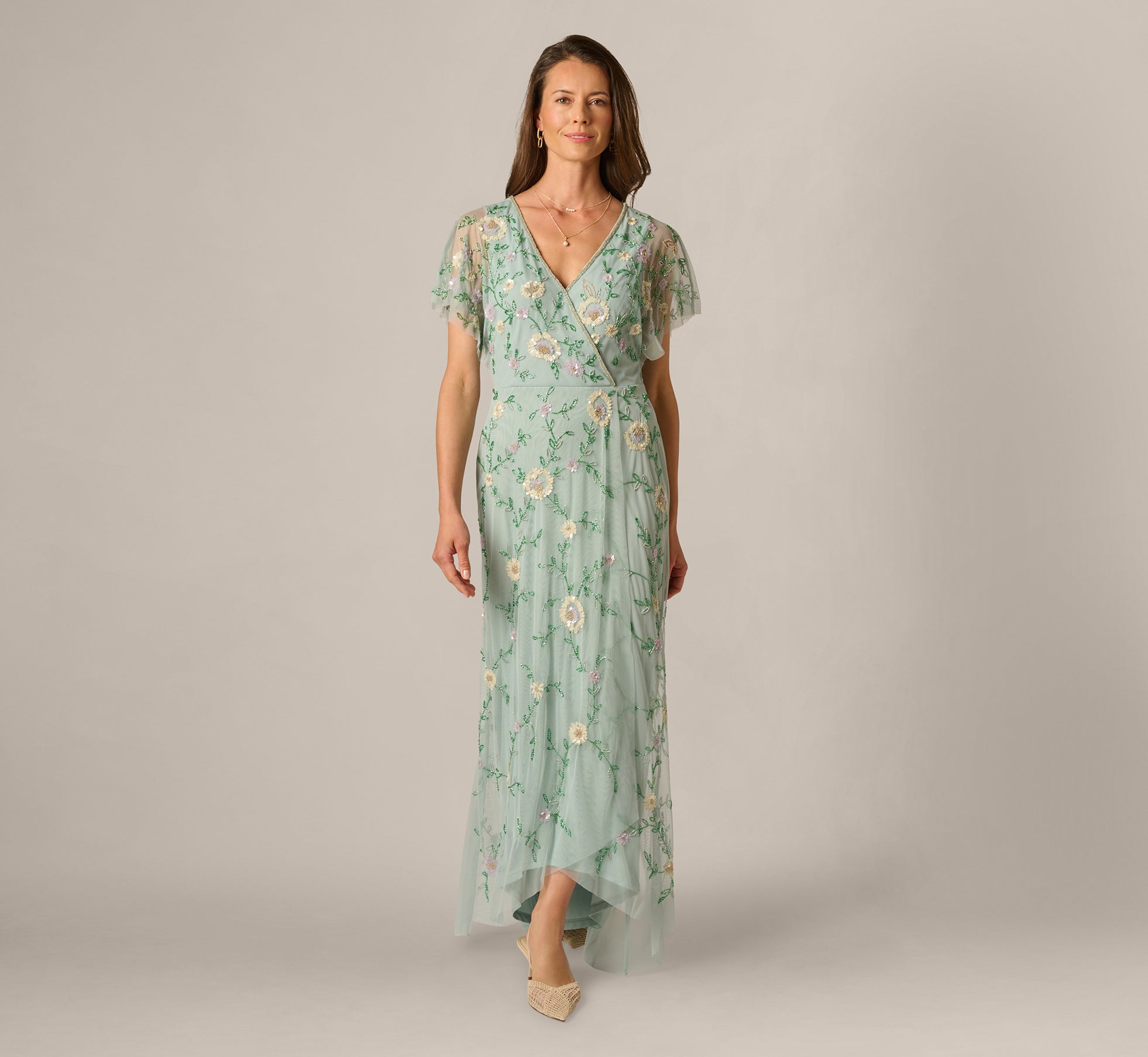 chinese dress ladies Flutter Sleeve Beaded Wrap Dress In Aqua Dust