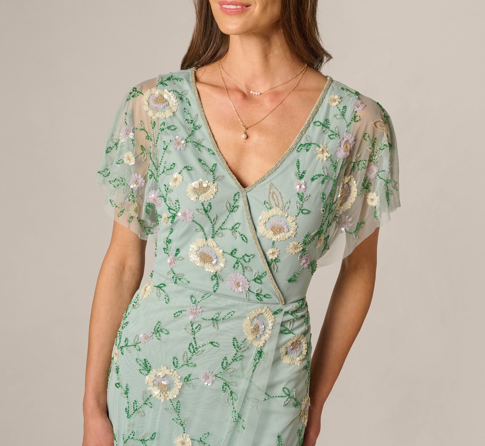 Flutter Sleeve Beaded Wrap Dress In Aqua Dust