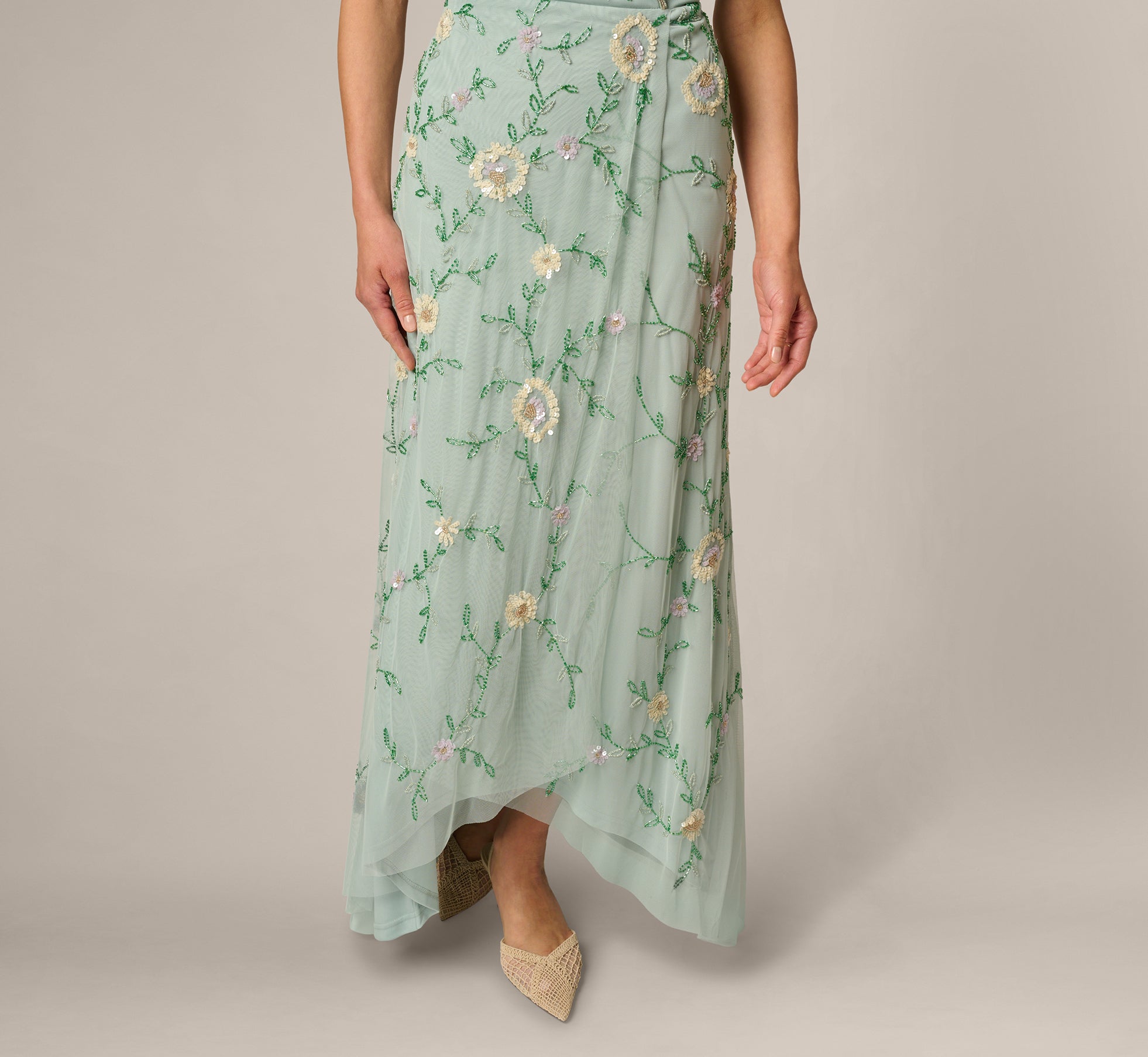 Flutter Sleeve Beaded Wrap Dress In Aqua Dust