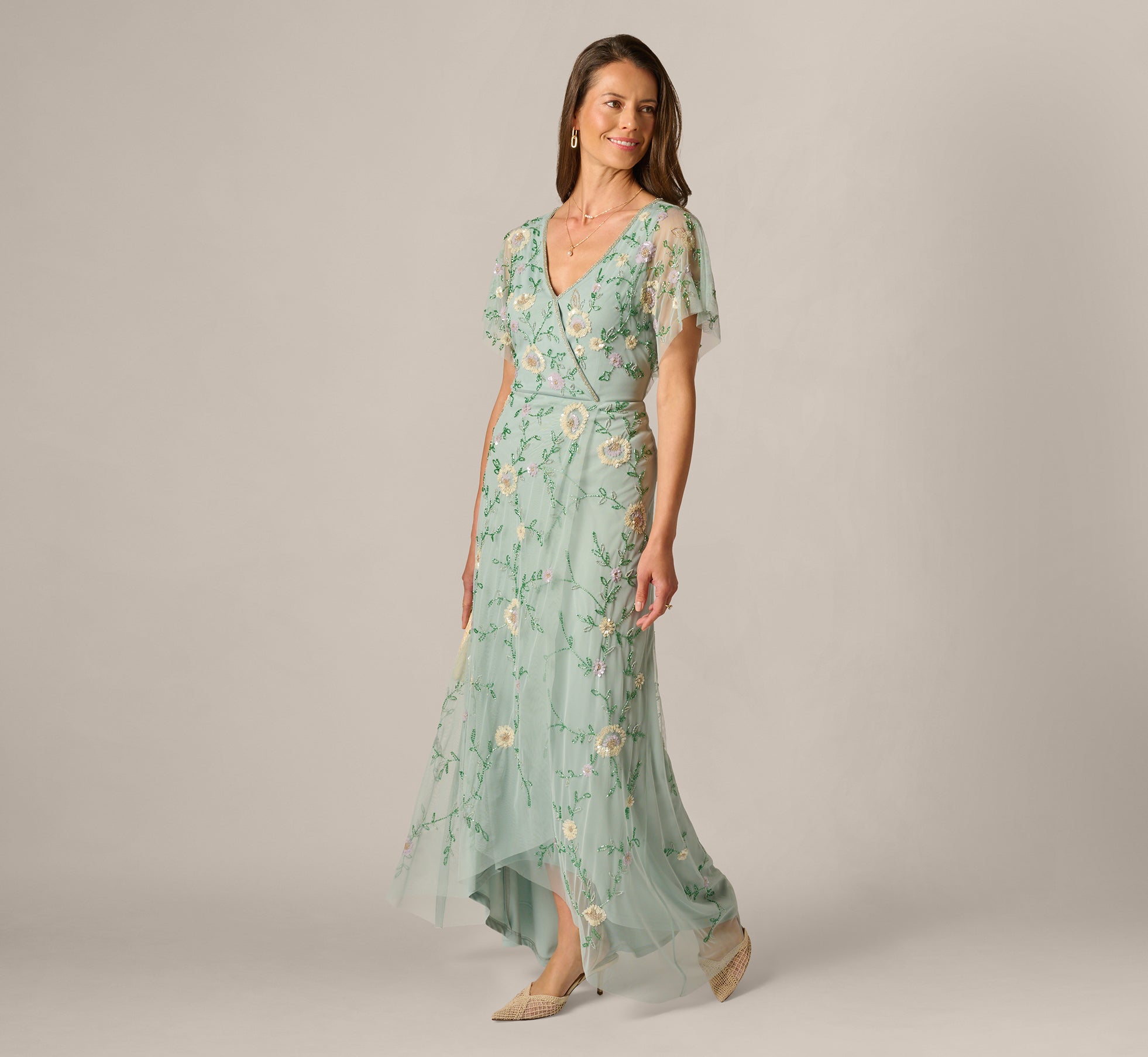 Blue Flutter Sleeve Beaded Wrap Dress