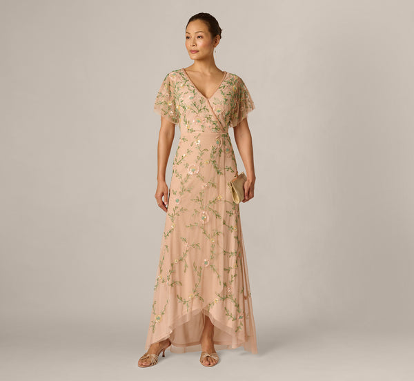 Adrianna Papell Women's Bead Flutter-Sleeve Midi Mesh Dress - Blush Multi