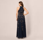 Beaded 3D Petal Halter Gown In Navy Rosegold 6