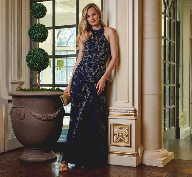 Beaded 3D Petal Halter Gown In Navy Rosegold Adrianna Papell