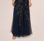 Beaded 3D Petal Halter Gown In Navy Rosegold 4
