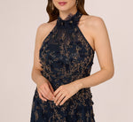Beaded 3D Petal Halter Gown In Navy Rosegold 5