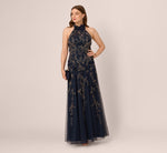 Beaded 3D Petal Halter Gown In Navy Rosegold 2