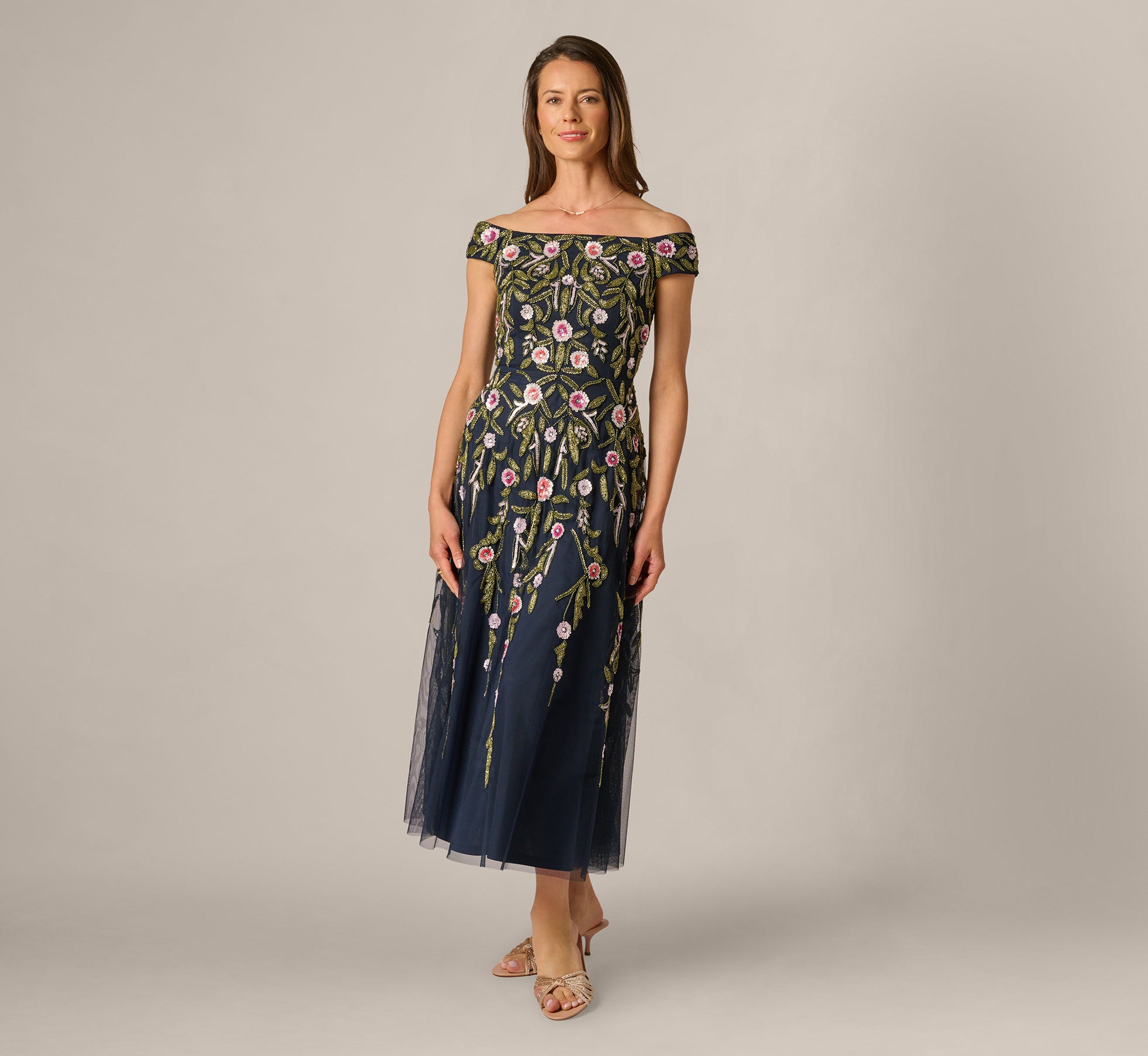 Adrianna Papell Women's Beaded Fit & Flare Dress - Navy Blush Multi - Size 12