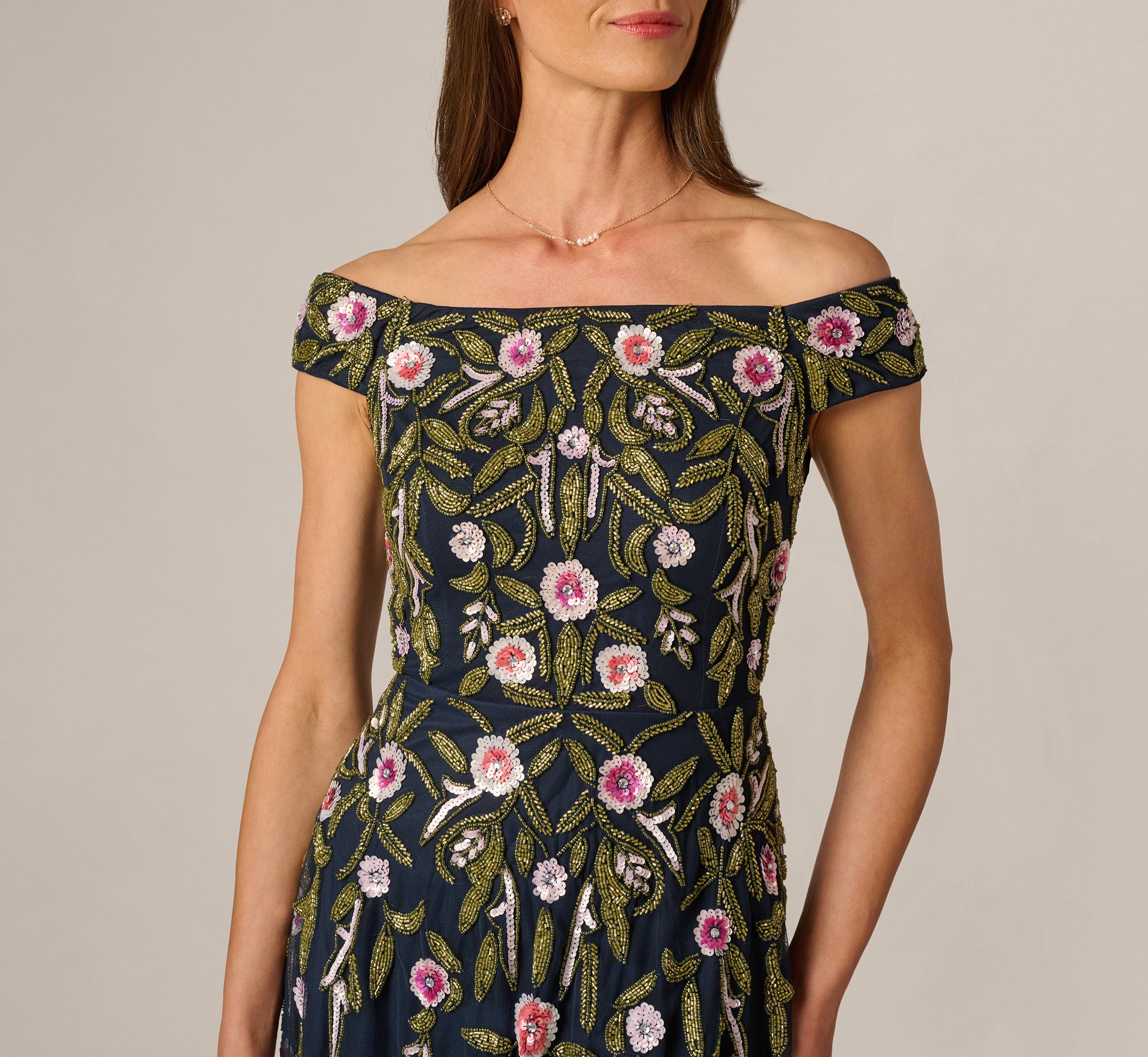 Navy Off Shoulder Floral Beaded Ankle Length Dress