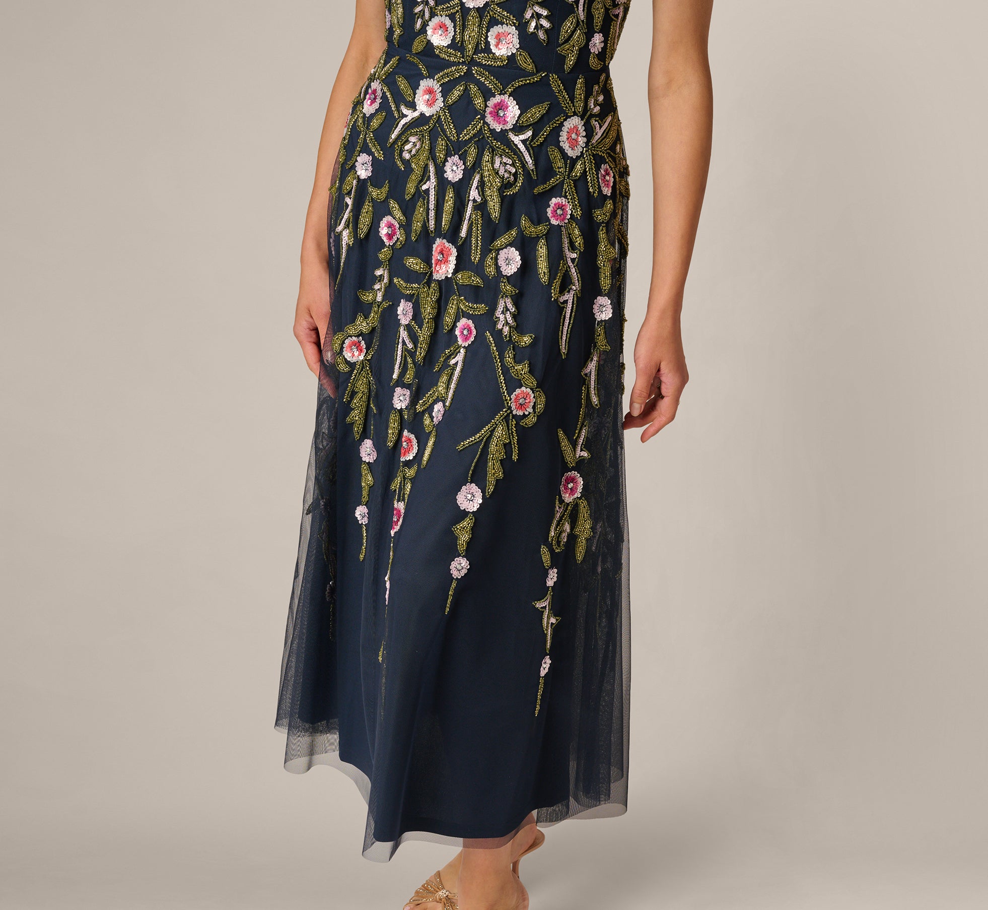 Navy Off Shoulder Floral Beaded Ankle Length Dress