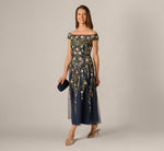 Off Shoulder Floral Beaded Ankle Length Dress In Navy Blush 1