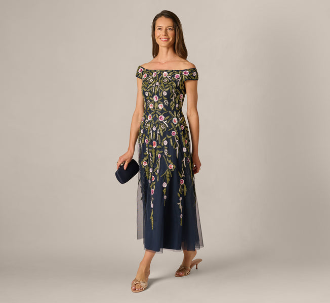 Adrianna Papell Women's Beaded Fit & Flare Dress - Navy Blush Multi