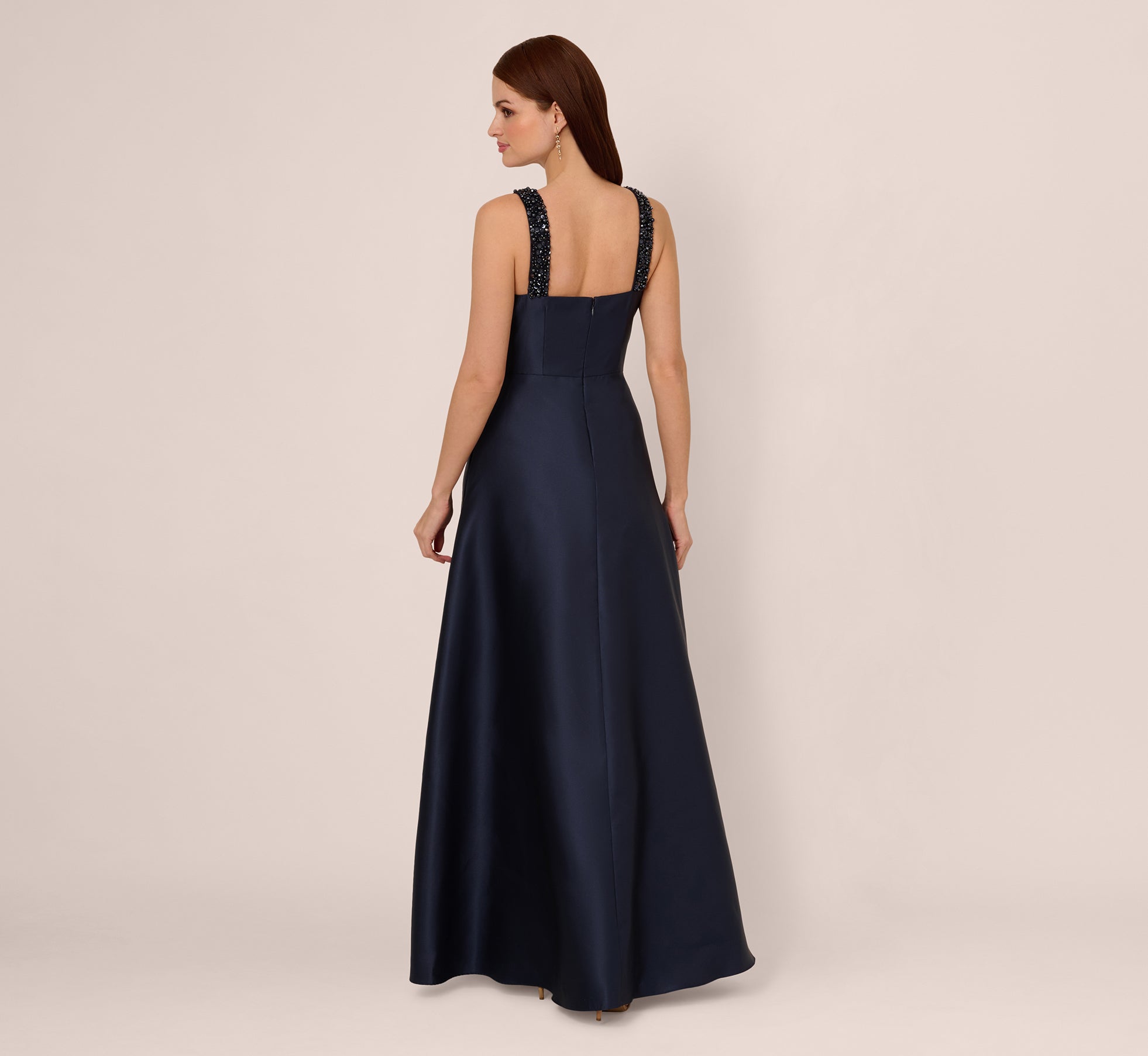 Navy Sleeveless Beaded Mikado Fit And Flare Gown