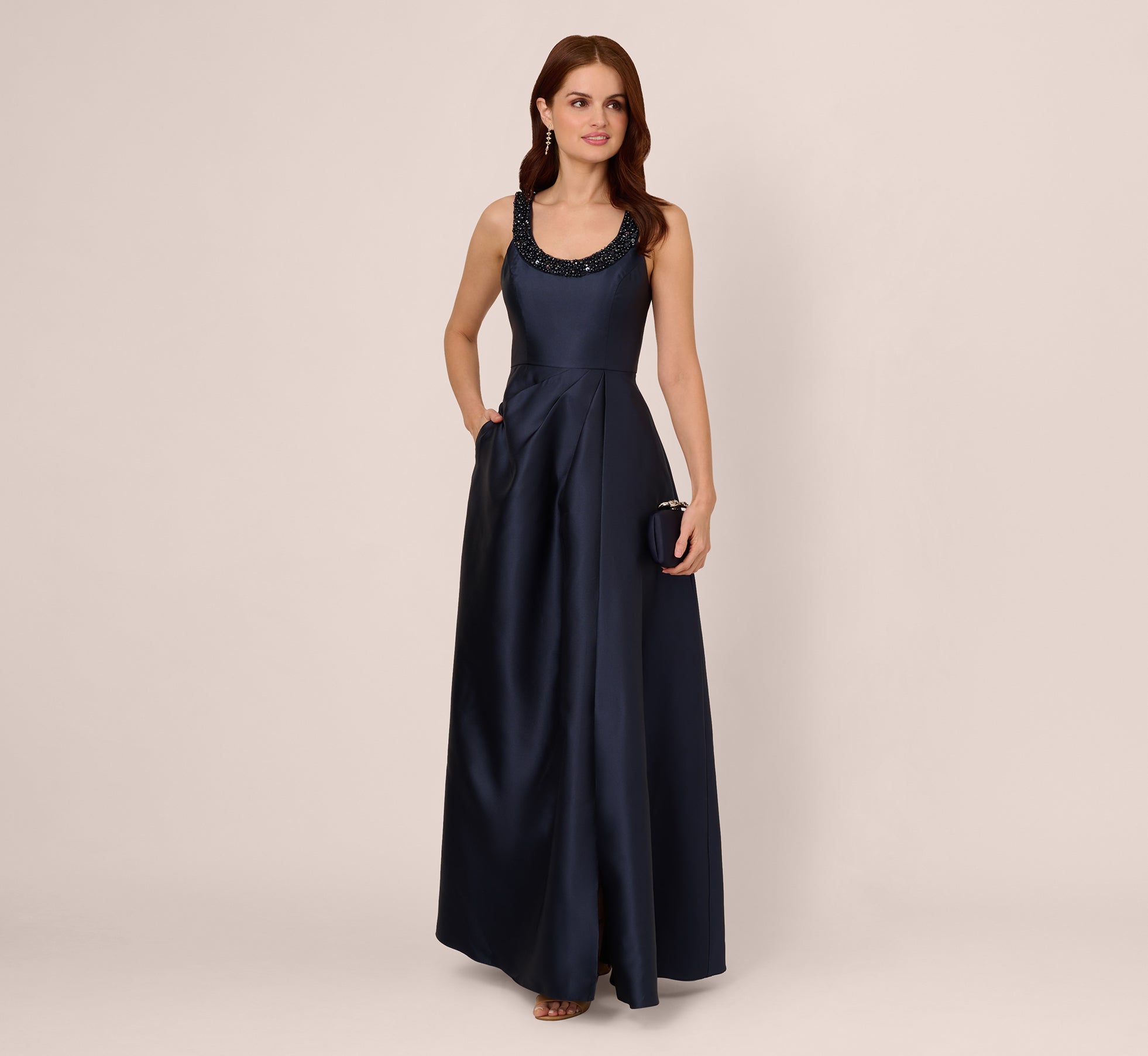Navy Sleeveless Beaded Mikado Fit And Flare Gown