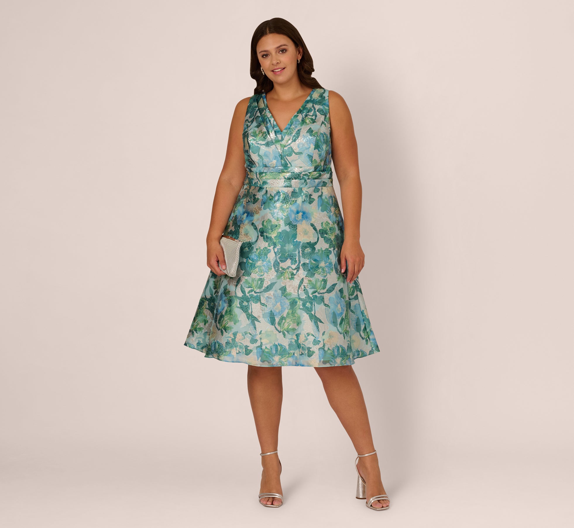 Plus Size Metallic Floral Jacquard Midi Dress In Blue Multi 1