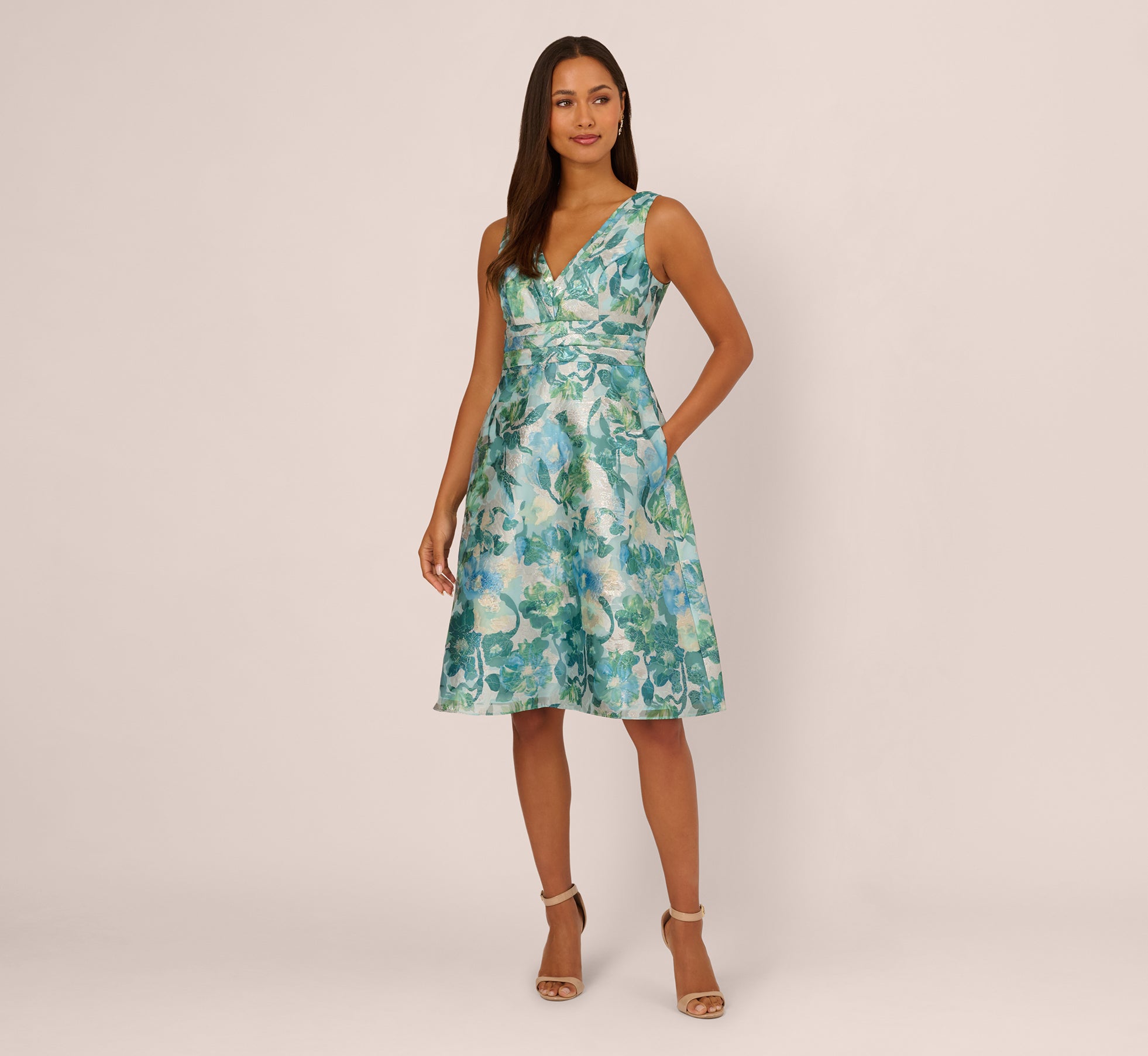 adrianna papell metallic midi dress Multi Colored Metallic Floral Jacquard Midi Dress