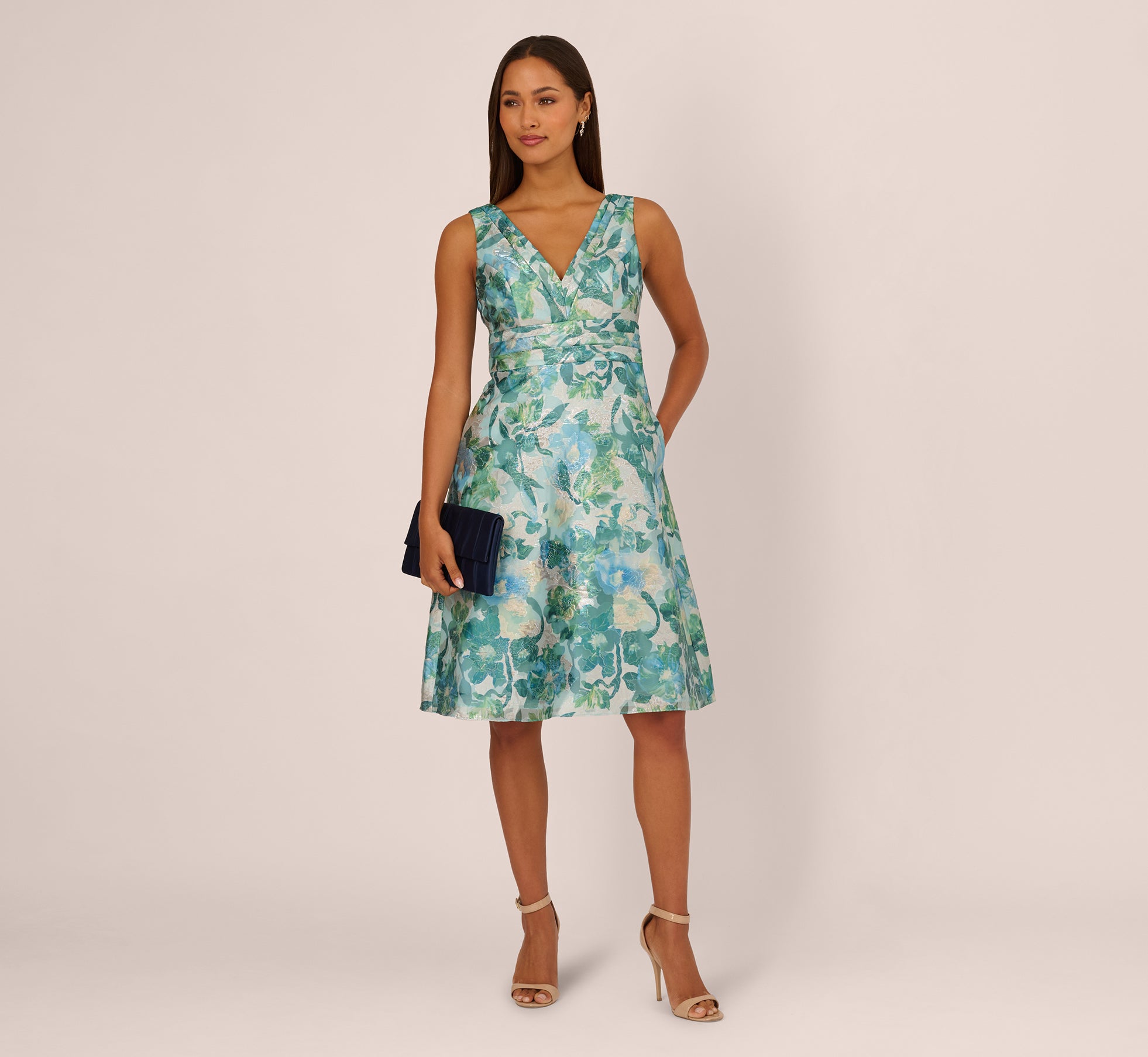 Multi Colored Metallic Floral Jacquard Midi Dress - Adrianna Papell