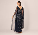 Split Sleeve Floral Beaded Gown In Navy Gunmetal 6