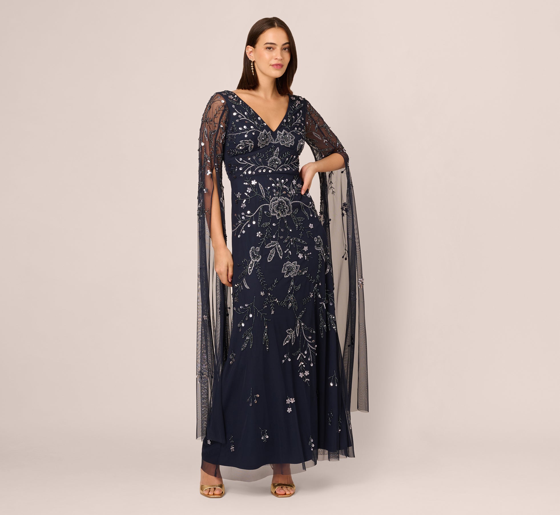 Split Sleeve Floral Beaded Gown In Navy Gunmetal 1