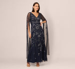 Split Sleeve Floral Beaded Gown In Navy Gunmetal 1