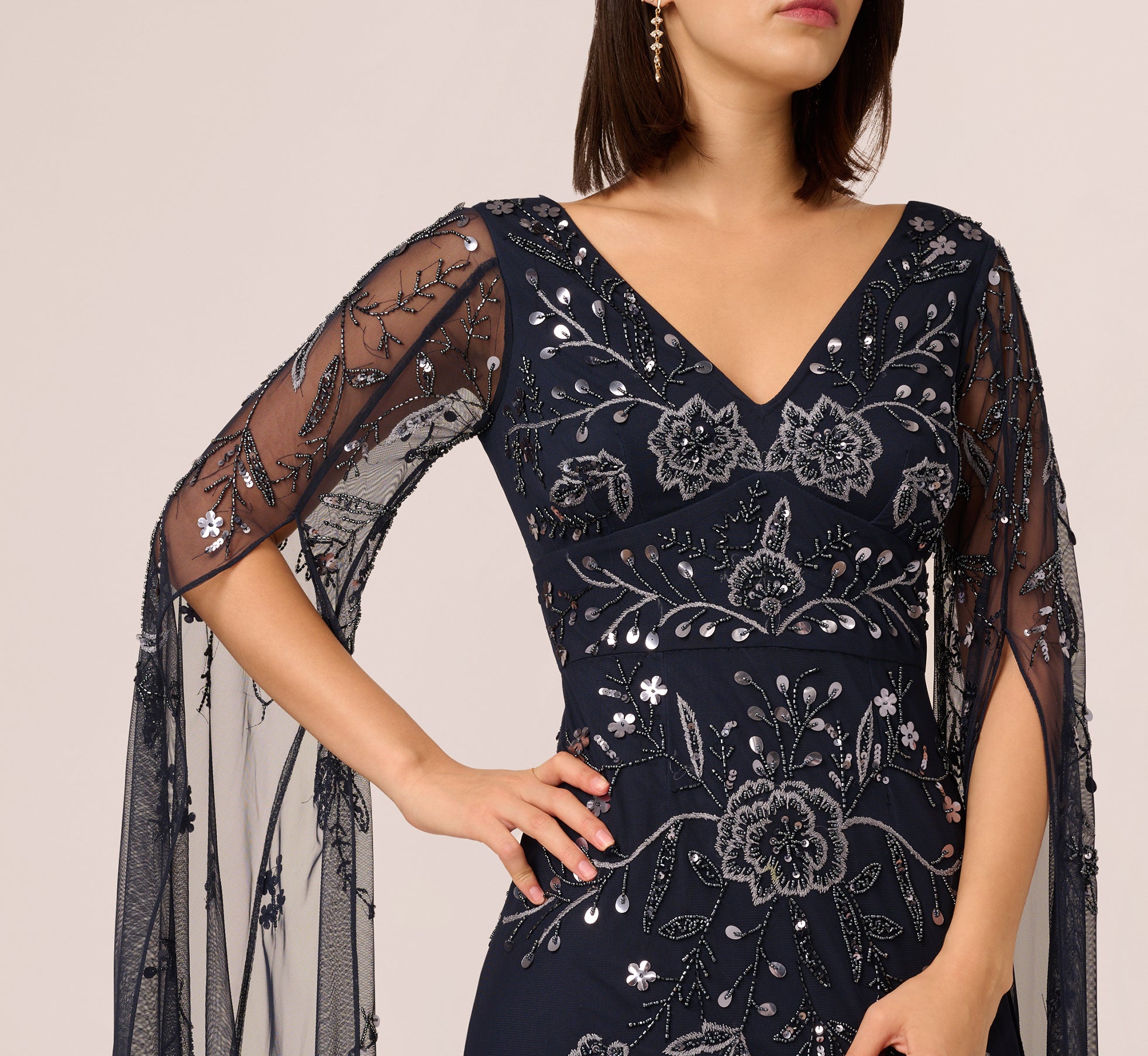 Navy Split Sleeve Floral Beaded Gown