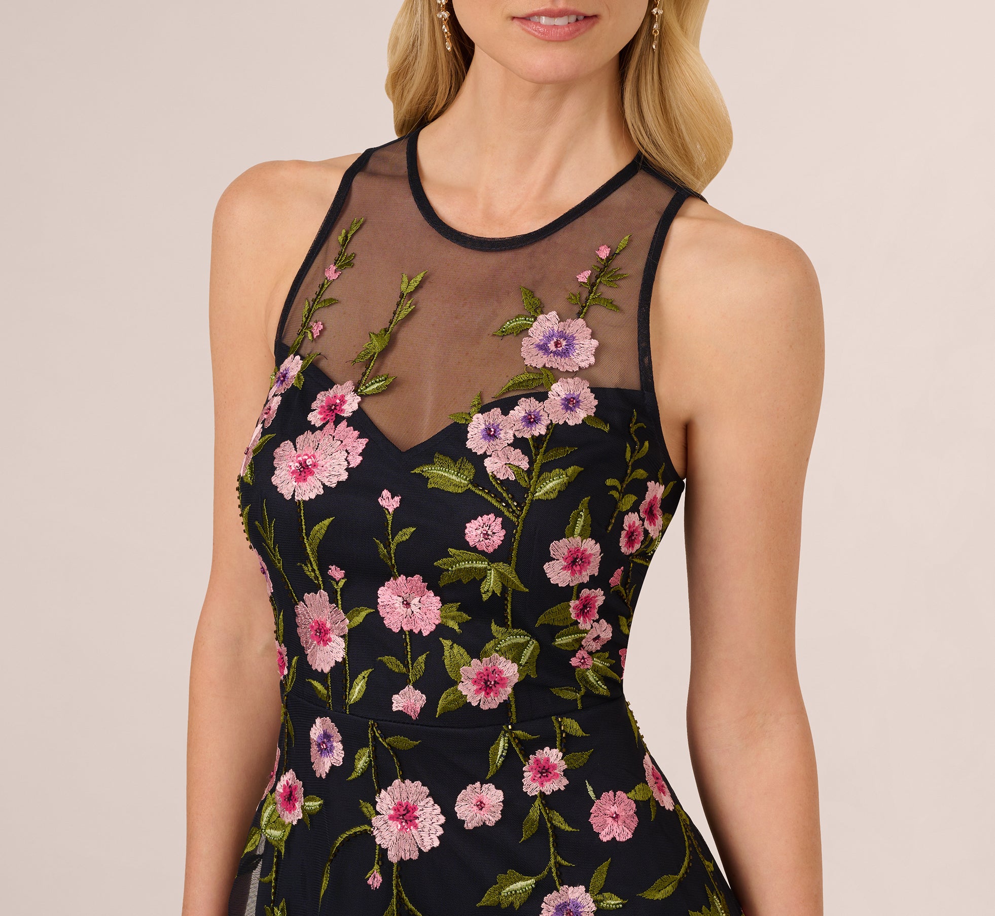 Navy Floral Embroidered Illusion Midi Dress - Adrianna Papell Navy Floral Embroidered Illusion Midi Dress - Adrianna Papell