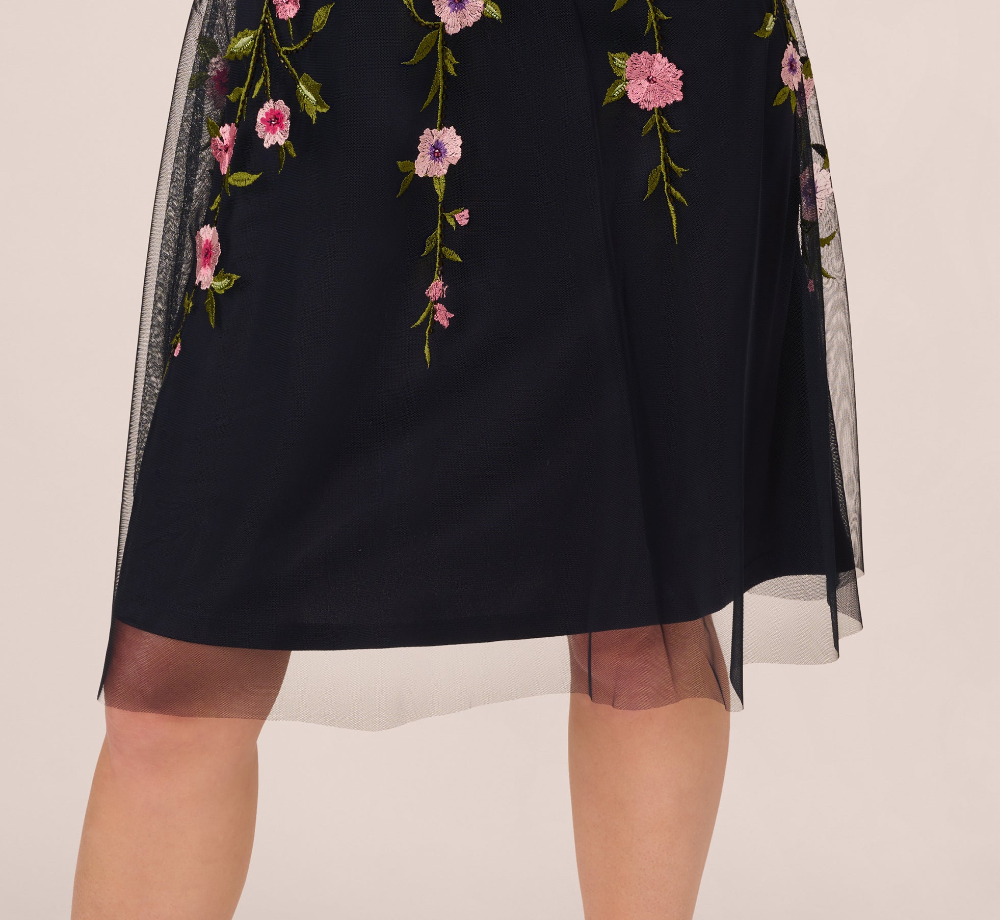 Navy Floral Embroidered Illusion Midi Dress