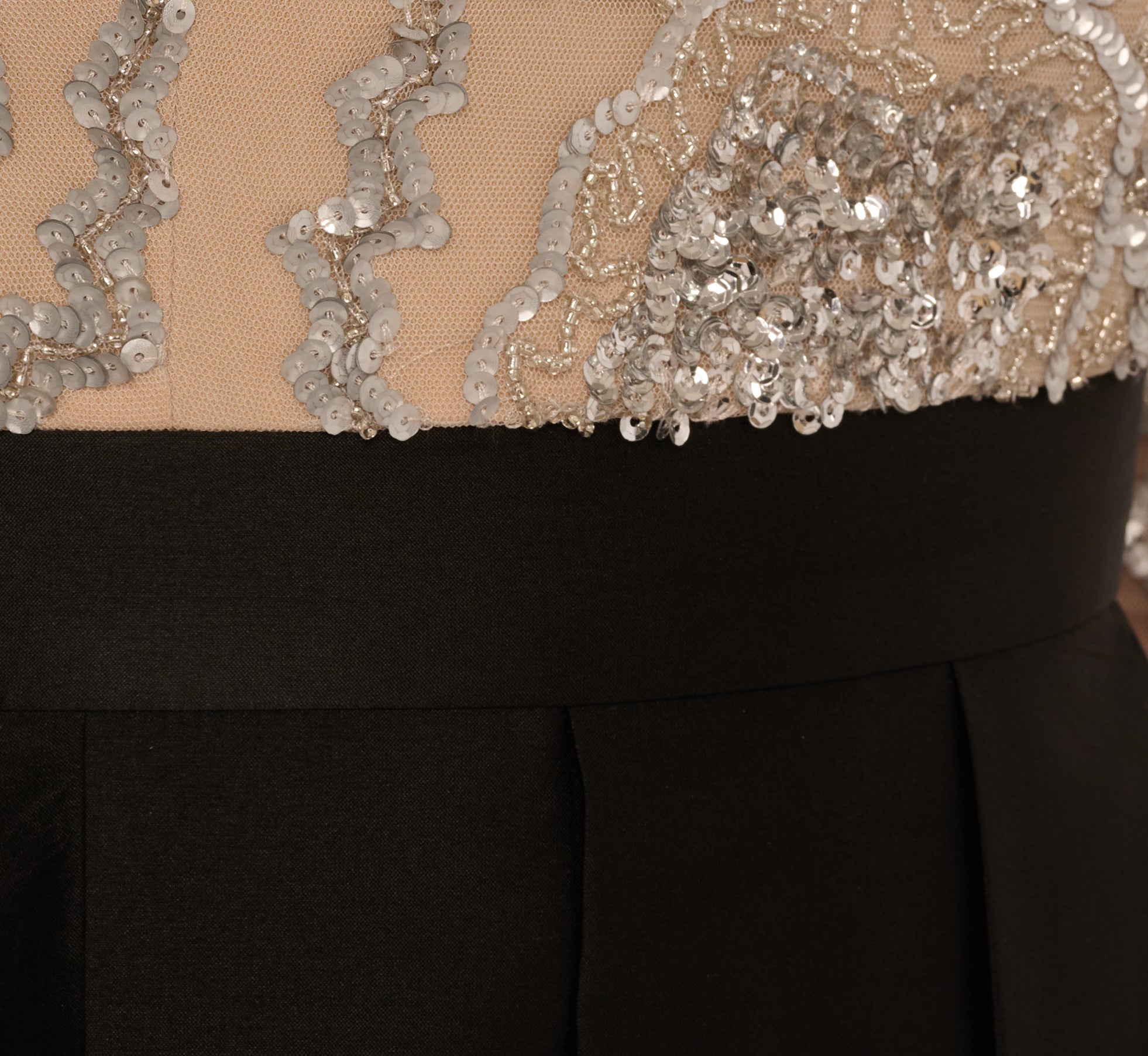 slim fit dress slacks Black Silver Three Quarter Sleeve Beaded Taffeta Combo Gown