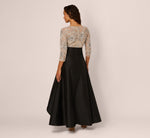 Three Quarter Sleeve Beaded Taffeta Combo Gown In Black Silver 6