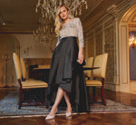 Three Quarter Sleeve Beaded Taffeta Combo Gown In Black Silver 1