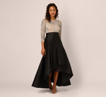 Three Quarter Sleeve Beaded Taffeta Combo Gown In Black Silver 3