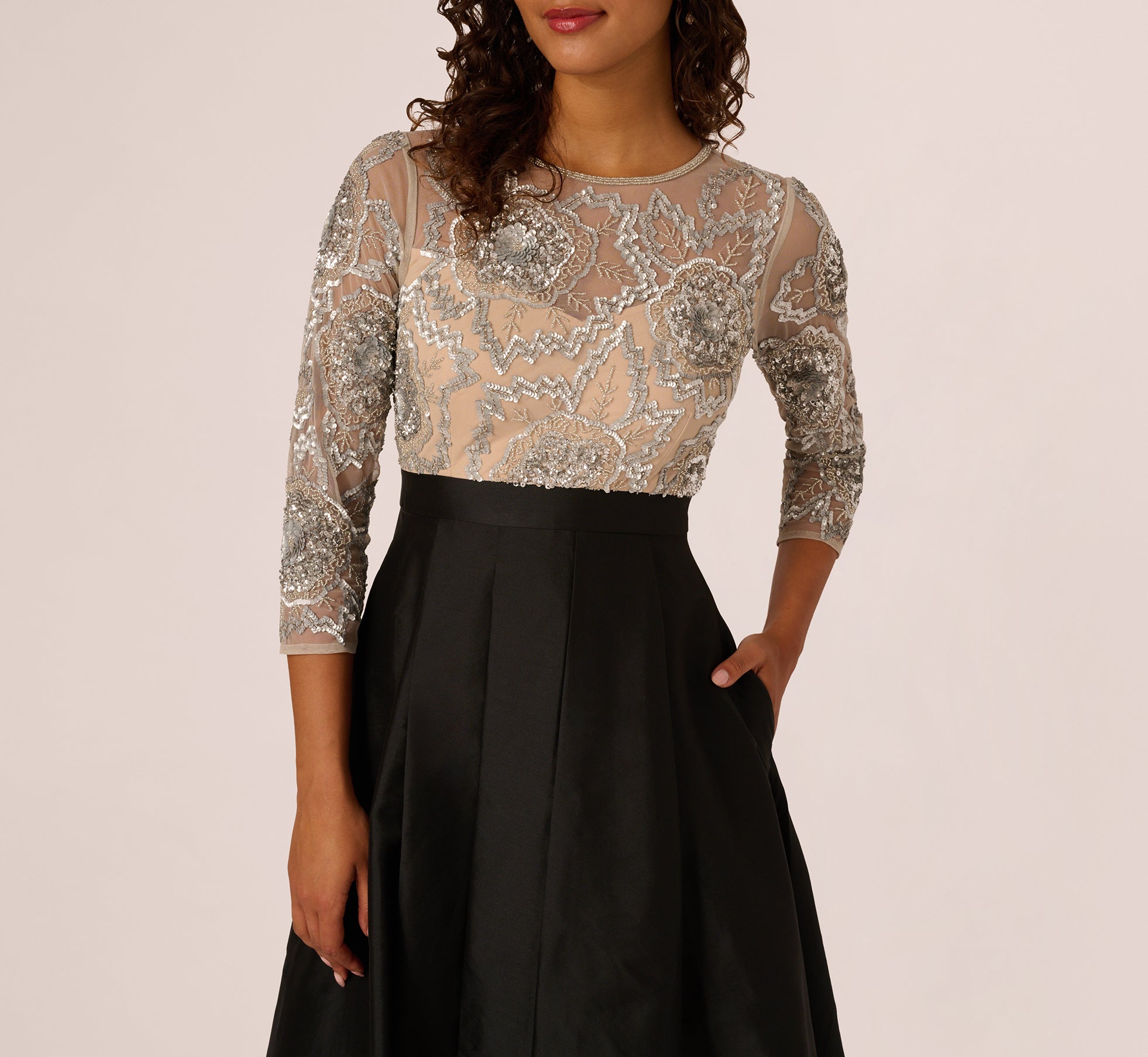 Grey Three Quarter Sleeve Beaded Taffeta Combo Gown