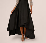 Three Quarter Sleeve Beaded Taffeta Combo Gown In Black Silver 5