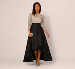 Three Quarter Sleeve Beaded Taffeta Combo Gown In Black Silver 2