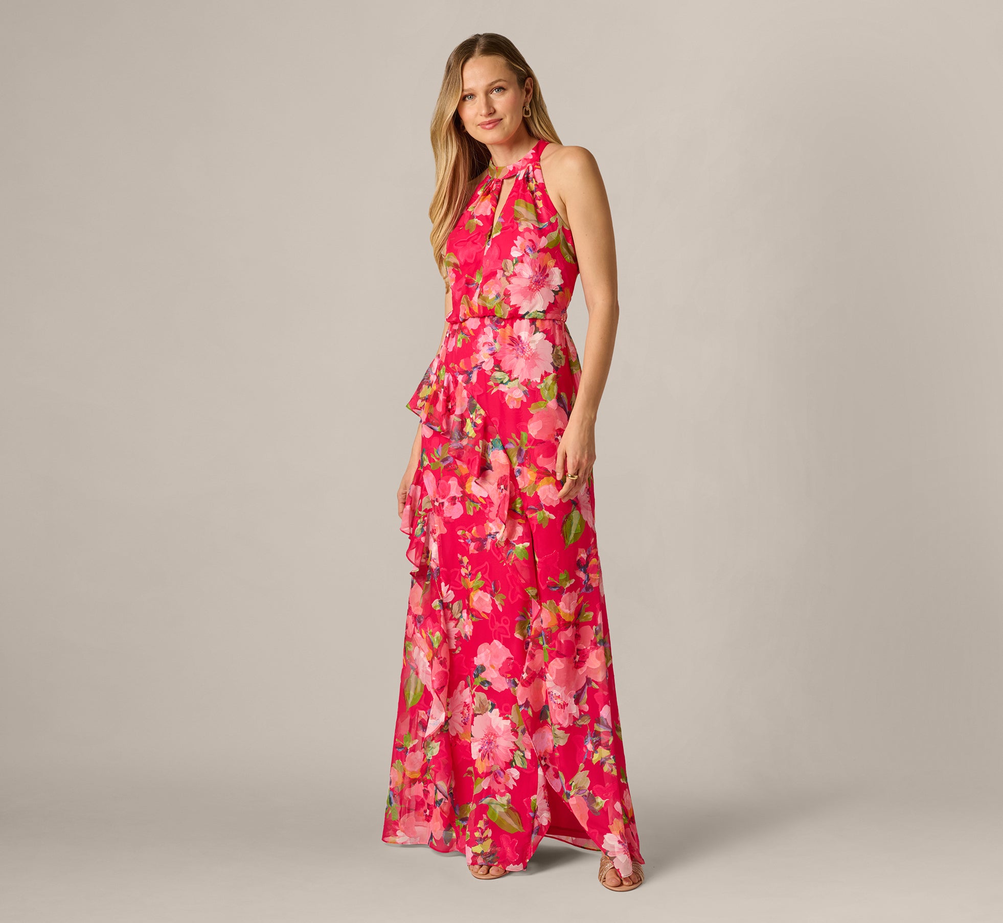 angie floral print keyhole maxi dress Angie Floral Maxi Dress Women's S Twist Keyhole Front BOHO Tiered Pink Smocked