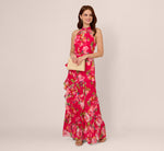 Floral Chiffon Keyhole Halter Maxi Dress In Pink Multi 2