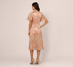 Flutter Sleeve Draped Foil Leaf Midi Dress In Coral Gold 5