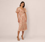 Flutter Sleeve Draped Foil Leaf Midi Dress In Coral Gold 2