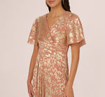 Flutter Sleeve Draped Foil Leaf Midi Dress In Coral Gold 3
