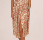 Flutter Sleeve Draped Foil Leaf Midi Dress In Coral Gold 4