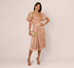 Flutter Sleeve Draped Foil Leaf Midi Dress In Coral Gold 1