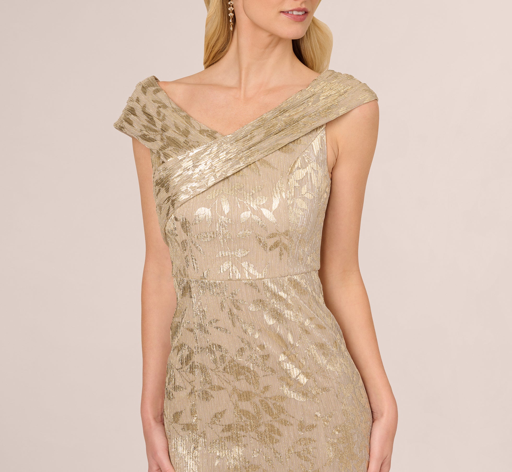 Gold Off Shoulder Foil Leaf Mermaid Gown
