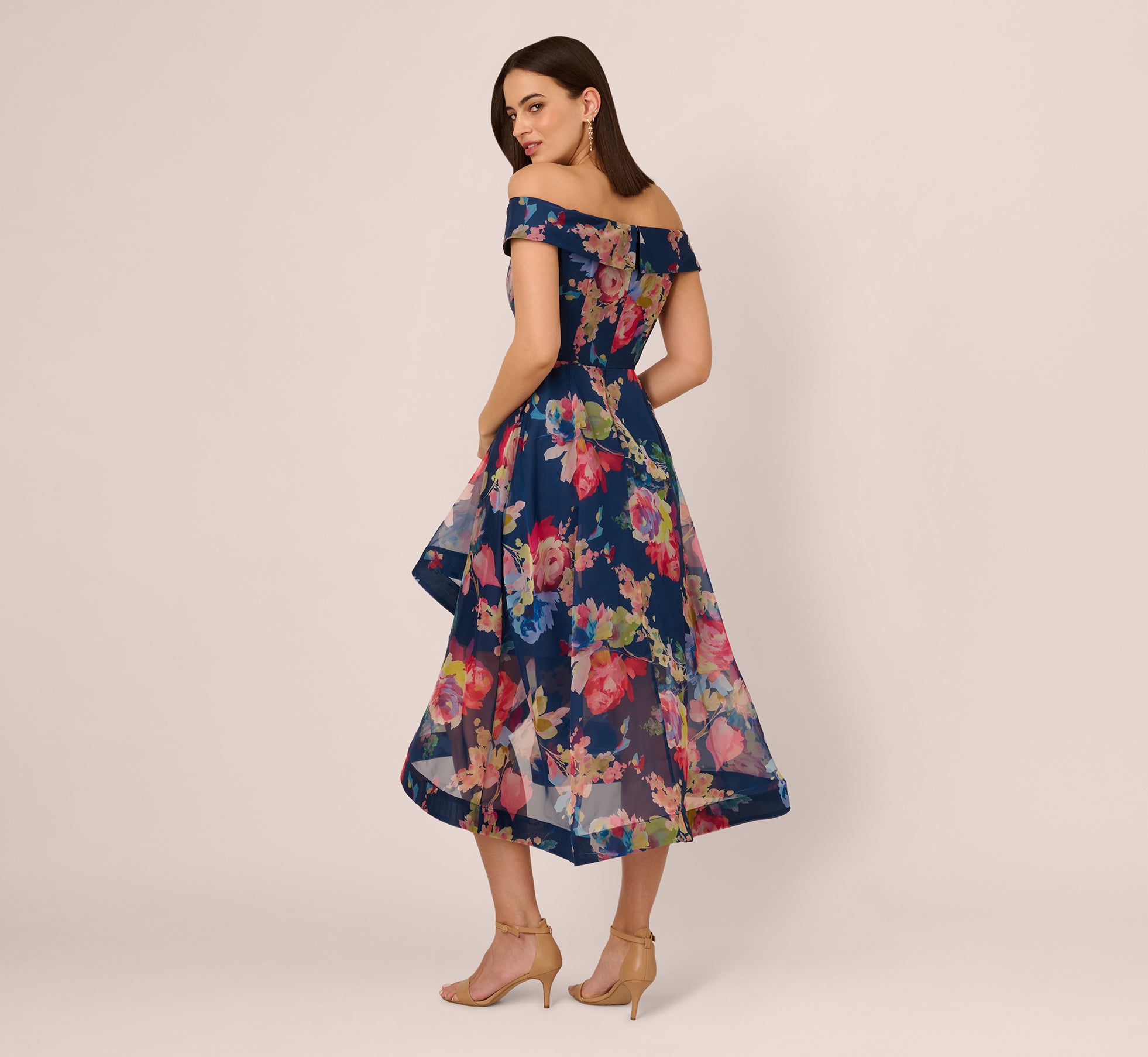 Multi Colored Off Shoulder Floral Organza High Low Dress - Adrianna Papell Multi Colored Off Shoulder Floral Organza High Low Dress - Adrianna Papell