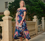 Off Shoulder Floral Organza High Low Dress In Navy Multi 1